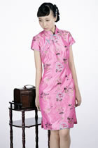 Short-sleeve Floral Embroidery Midi Cheongsam Dress (Pink)