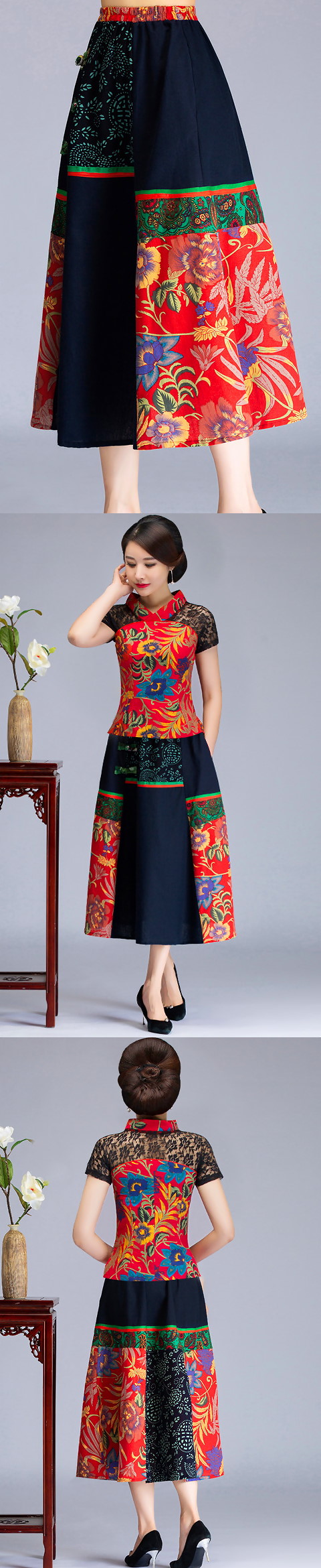 Ethnic Linen Patching Fabric Long Skirt (RM)