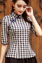 3/4-sleeve Linen-cotton Checkered Ethnic Blouse (RM)