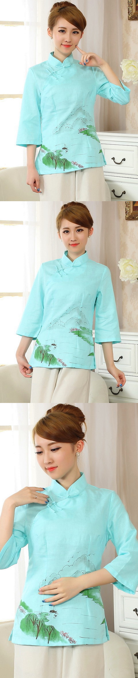 Hand-Painting Cotton Linen 3/4-sleeve Blouse (RM)