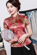 Short-sleeve Silk Printing Mandarin Blouse (RM)