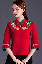 3/4-sleeve Chinese Ethnic Embroidery Blouse (RM)