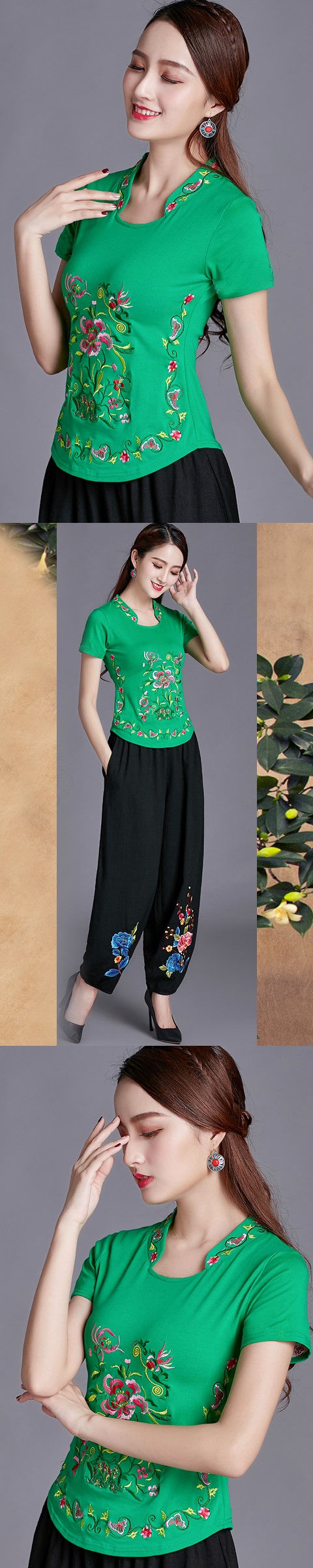 Short-sleeve Chinese Ethnic Embroidery Cotton Blouse (Ready-Made)