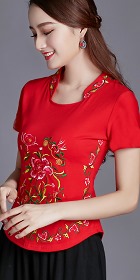 Short-sleeve Chinese Ethnic Embroidery Cotton Blouse (Ready-Made)