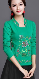 Long-sleeve Chinese Ethnic Embroidery Cotton Blouse (Ready-Made)