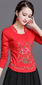 Long-sleeve Chinese Ethnic Embroidery Cotton Blouse (Ready-Made)