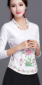 Long-sleeve Chinese Ethnic Embroidery Cotton Blouse (Ready-Made)