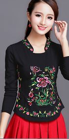 Long-sleeve Chinese Ethnic Embroidery Cotton Blouse (Ready-Made)