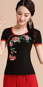 Short-sleeve Chinese Ethnic Embroidery Cotton Blouse (Ready-Made)