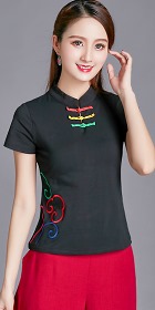 Short-sleeve Chinese Ethnic Embroidery Cotton Blouse (Ready-Made)