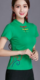 Short-sleeve Chinese Ethnic Embroidery Cotton Blouse (Ready-Made)