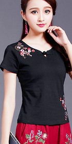 Short-sleeve Chinese Ethnic Embroidery Cotton Blouse (Ready-Made)