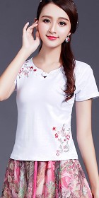 Short-sleeve Chinese Ethnic Embroidery Cotton Blouse (Ready-Made)