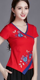 Short-sleeve Chinese Ethnic Embroidery Cotton Blouse (Ready-Made)