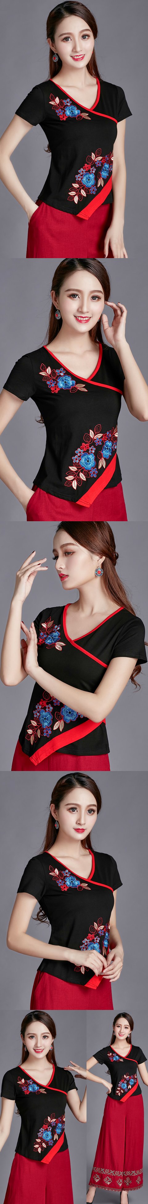 Short-sleeve Chinese Ethnic Embroidery Cotton Blouse (Ready-Made)