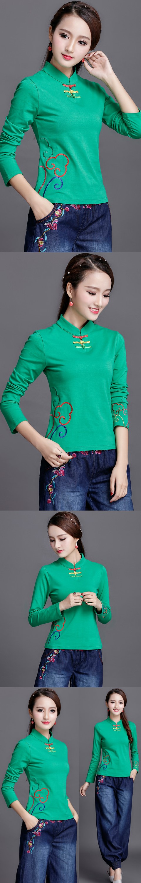 Long-sleeve Chinese Ethnic Embroidery Cotton Blouse (Ready-Made)