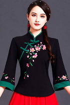 3/4-sleeve Chinese Ethnic Embroidery Blouse (RM)