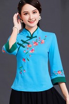 3/4-sleeve Chinese Ethnic Embroidery Blouse (RM)