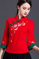 3/4-sleeve Chinese Ethnic Embroidery Blouse (RM)