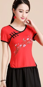 Short-sleeve Chinese Ethnic Embroidery Cotton Blouse (Ready-Made)