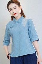 Elbow-sleeve Cotton Linen Chic Ethnic Blouse (RM)