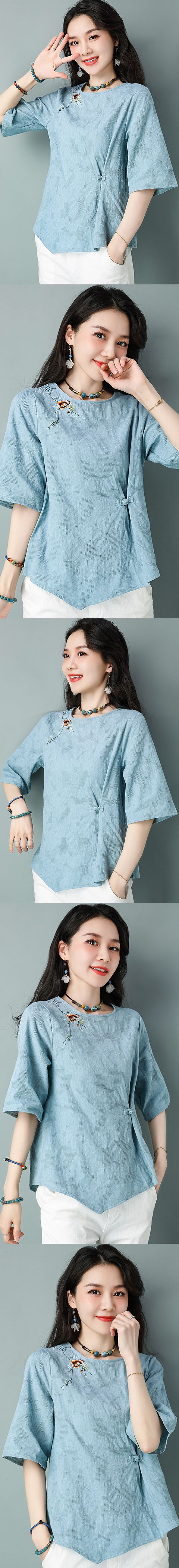 Elbow-sleeve Cotton Linen Chic Ethnic Blouse (RM)