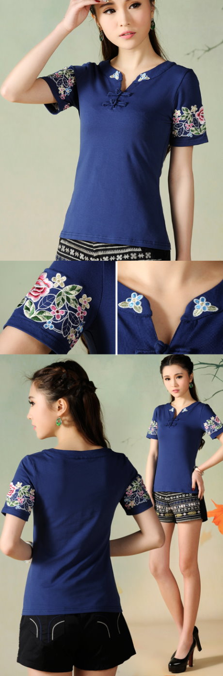 Ethnic Floral Embroidery Short-sleeve Blouse - Blue (RM)