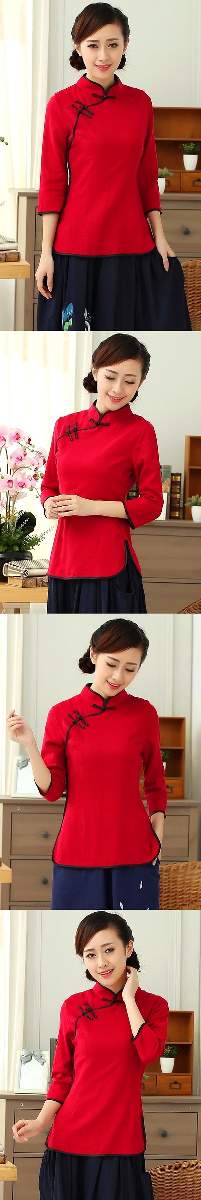 3/4-sleeve Cotton Linen Mandarin Blouse (CM)