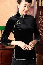 Long-sleeve Velvet Mandarin Blouse (CM)