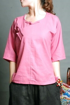 Ethnic 3/4-Sleeve Round Collar Blouse (CM)