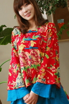 Ethnic Long-sleeve Floral Printing Daul-layer Blouse (CM)