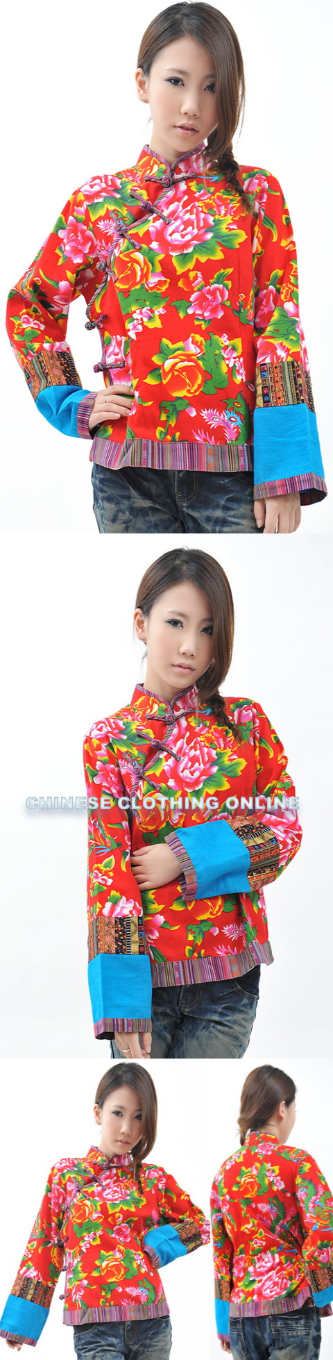 Ethnic Long-sleeve Floral Printing Blouse (CM)