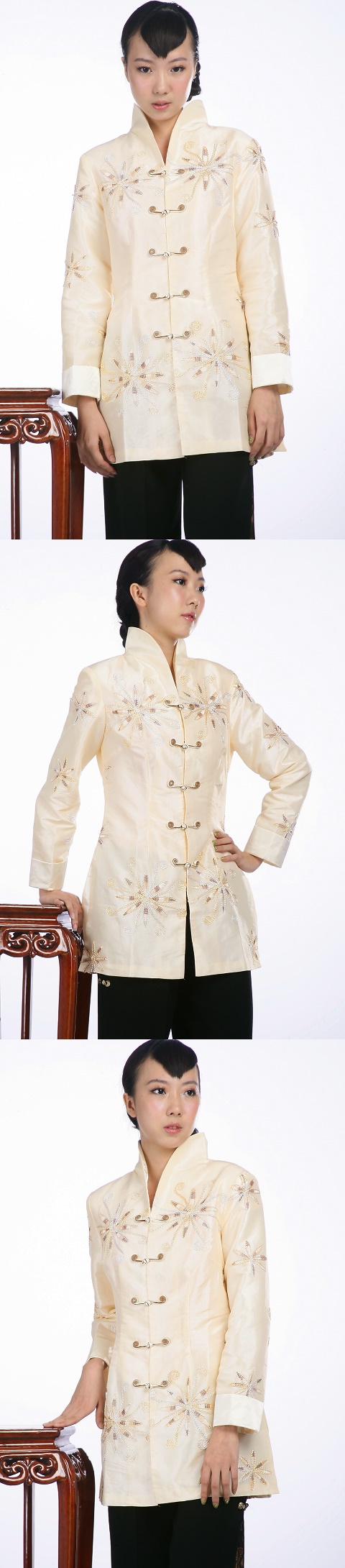 Embossed Floral Embroidery Mandarin Jacket (Light Gold)