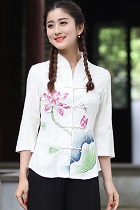 Hand-Painting Lotus 3/4-sleeve Chinese Ethnic Blouse (Ready-Made)