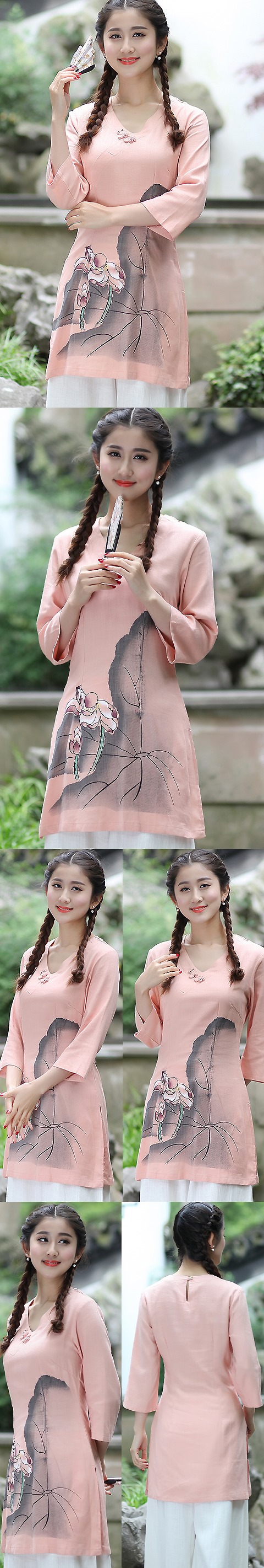 Hand-Painting Lotus 3/4-sleeve Chinese Ethnic Blouse (Ready-Made)