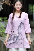 Hand-Painting Lotus 3/4-sleeve Chinese Ethnic Blouse (Ready-Made)