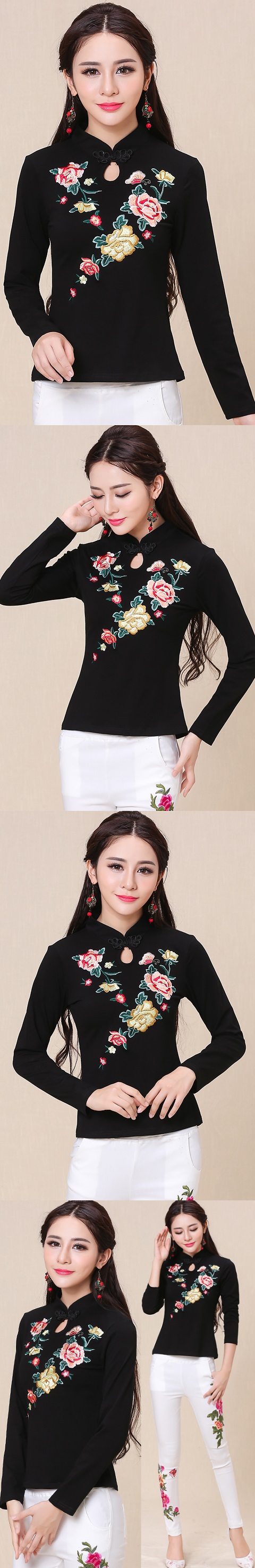 Ethnic Floral Embroidery Long-sleeve Blouse - Black (RM)