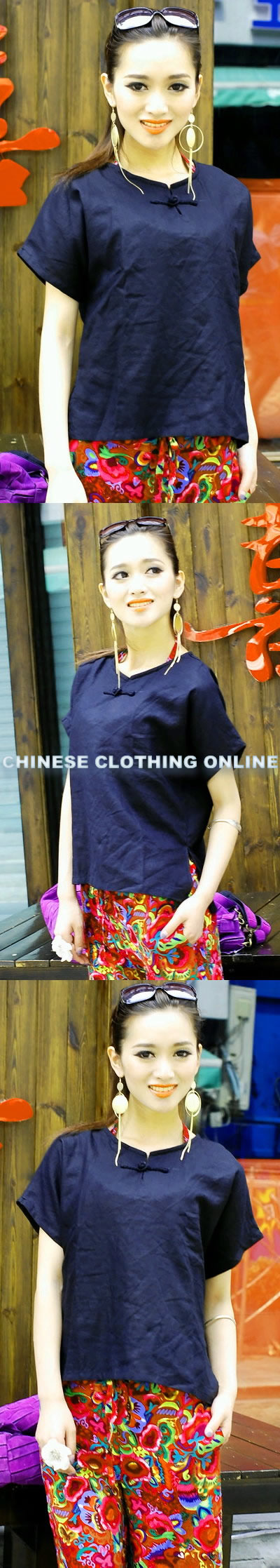 Ethnic Short-sleeve Round Collar Blouse (CM)