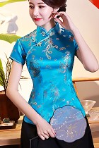 Short-sleeve Dragon and Phoenix Embroidery Mandarin Blouse (RM)