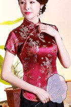 Short-sleeve Dragon and Phoenix Embroidery Mandarin Blouse (RM)