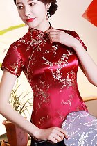 Short-sleeve Plumb Blossoms Embroidery Mandarin Blouse (RM)