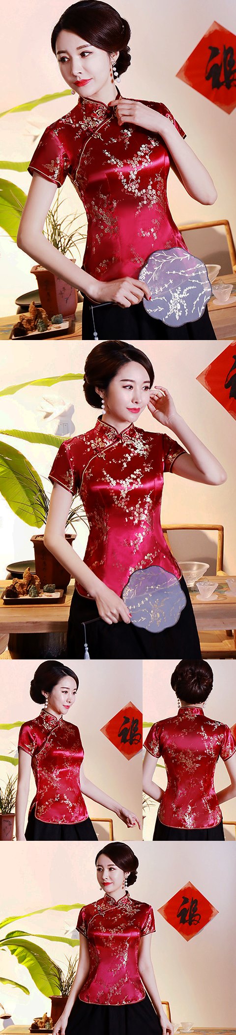 Short-sleeve Plumb Blossoms Embroidery Mandarin Blouse (RM)