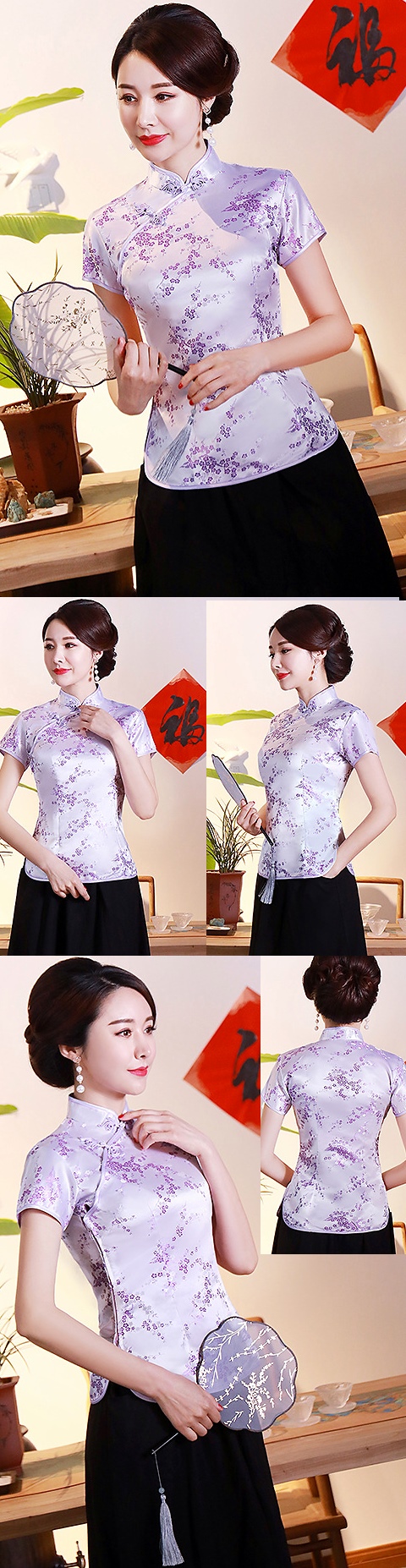 Short-sleeve Plumb Blossoms Embroidery Mandarin Blouse (RM)