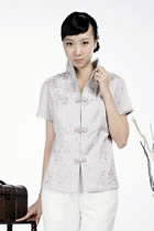 Short-sleeve Floral Embroidery Mandarin Blouse (Silver)