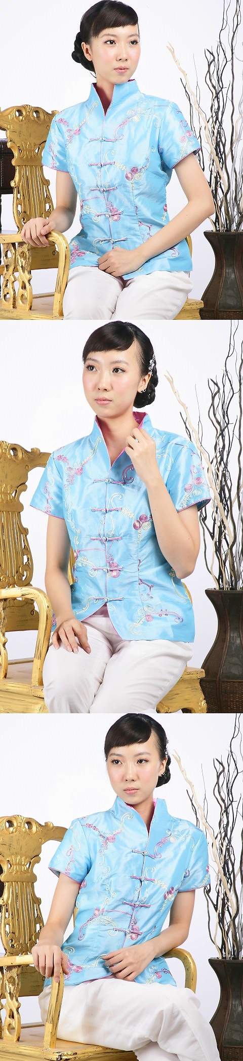 Short-sleeve Embossed Embroidery Mandarin Blouse (Light Blue)