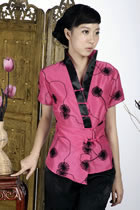 Short-sleeve Embossed Embroidery Hanfu Collar Mandarin Blouse (Fuchsia)