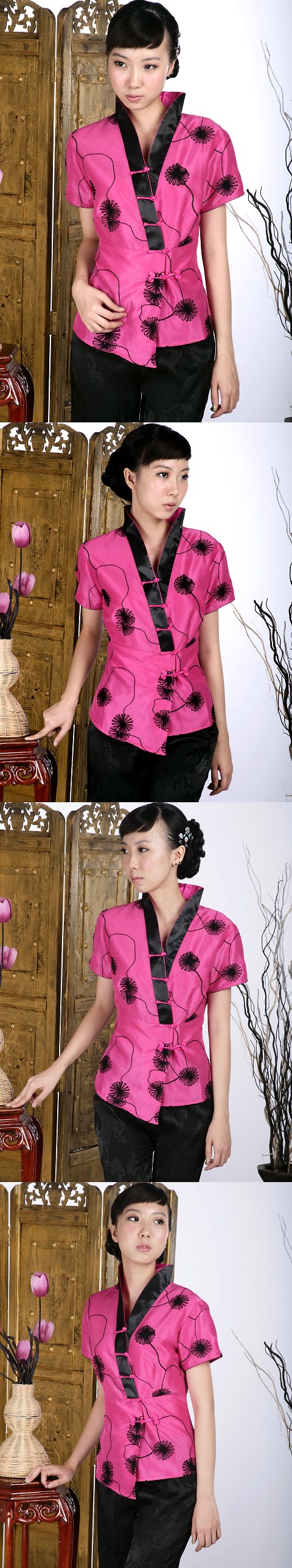 Short-sleeve Embossed Embroidery Hanfu Collar Mandarin Blouse (Fuchsia)