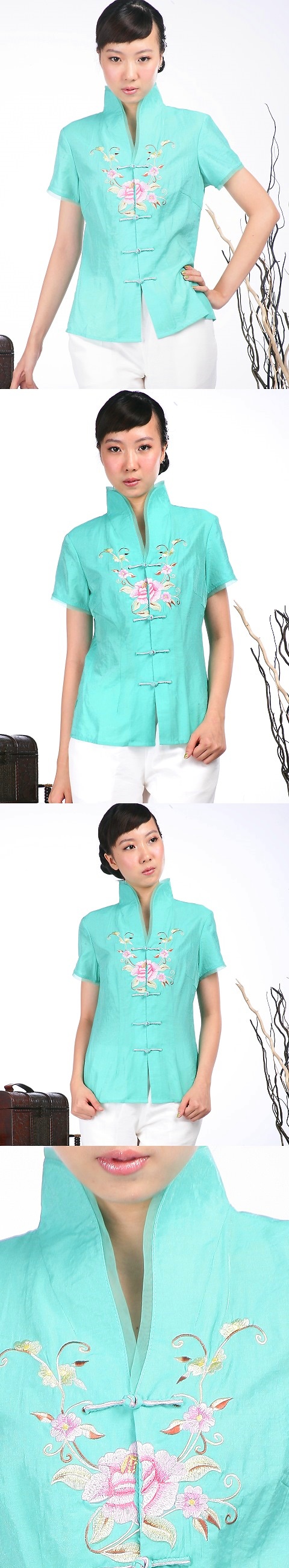 Short-sleeve Floral Embroidery Mandarin Blouse (Aqua)