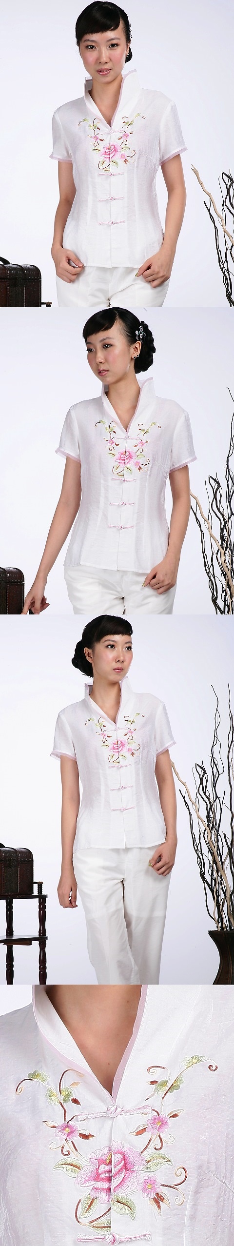 Short-sleeve Floral Embroidery Mandarin Blouse (White)