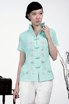 Short-sleeve Floral Embroidery Mandarin Blouse (Aqua)
